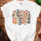 White t-shirt with "SIDE QUESTS" text and cartoon ghosts in Halloween theme.