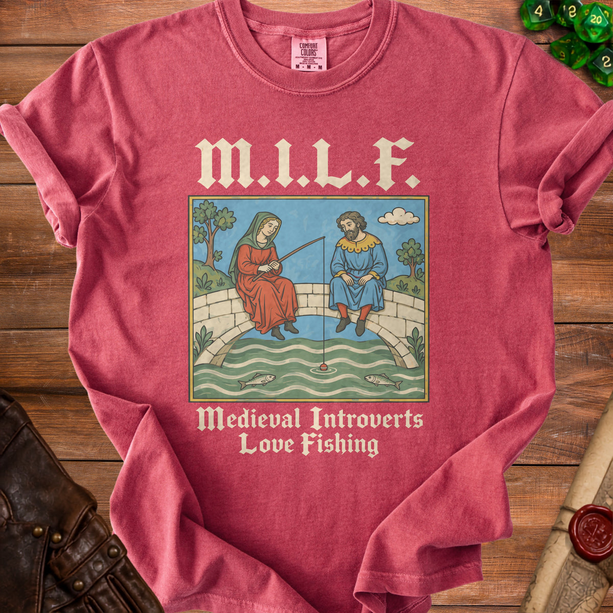 Red t-shirt with medieval illustration and text "M.I.L.F. Medieval Introverts Love Fishing".