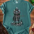 Teal t-shirt with distressed knight graphic and "THIS IS FINE, PROBABLY" text.