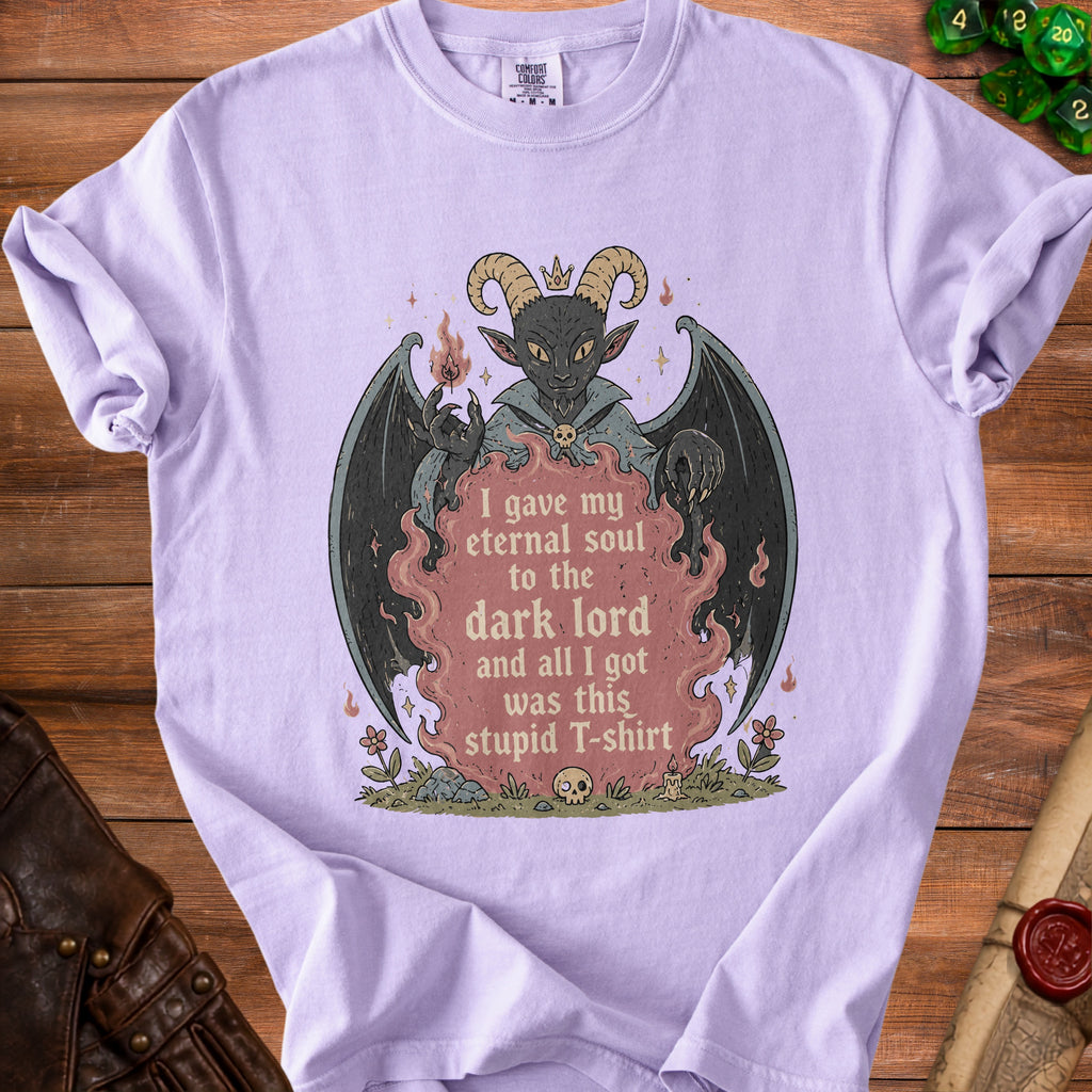 Lavender Comfort Colors t-shirt with a graphic of a devil saying "I gave my eternal soul to the dark lord".