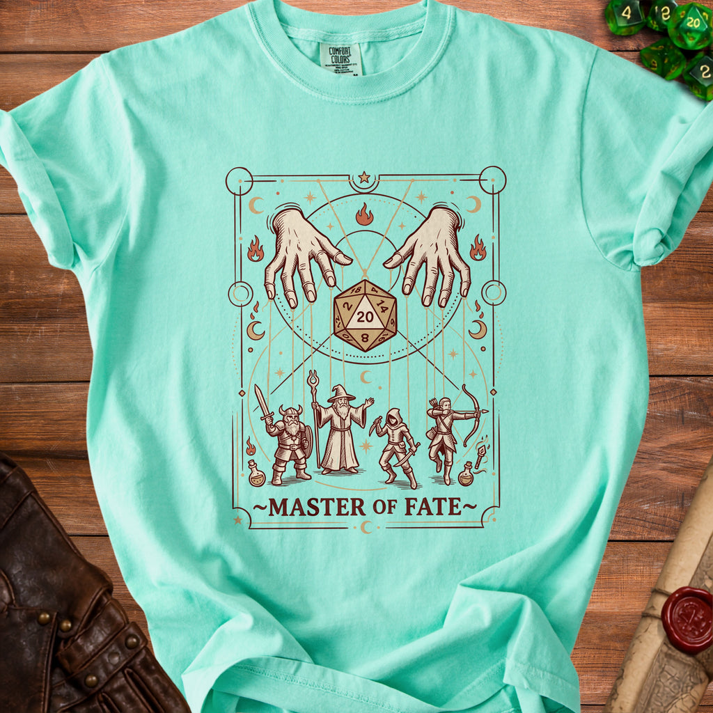 T-shirt with "Master of Fate" text and fantasy character art.