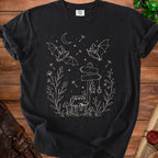 Black t-shirt with a mystical bat, treasure chest, and signpost design.