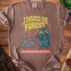 T-shirt graphic with text "I entered the forest" and mushrooms stealing a wallet.