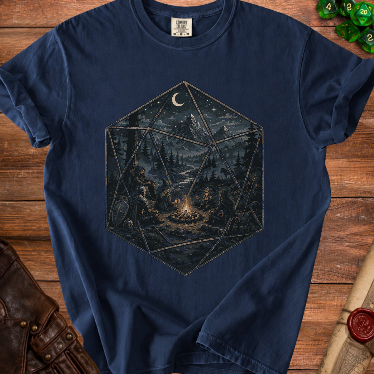 Navy t-shirt with a graphic of a forest landscape inside a D20 die.