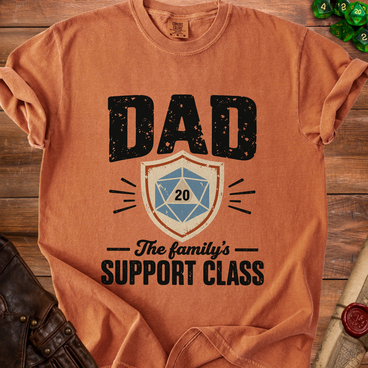 T-shirt with DAD graphic, dice, and text "The family's SUPPORT CLASS".