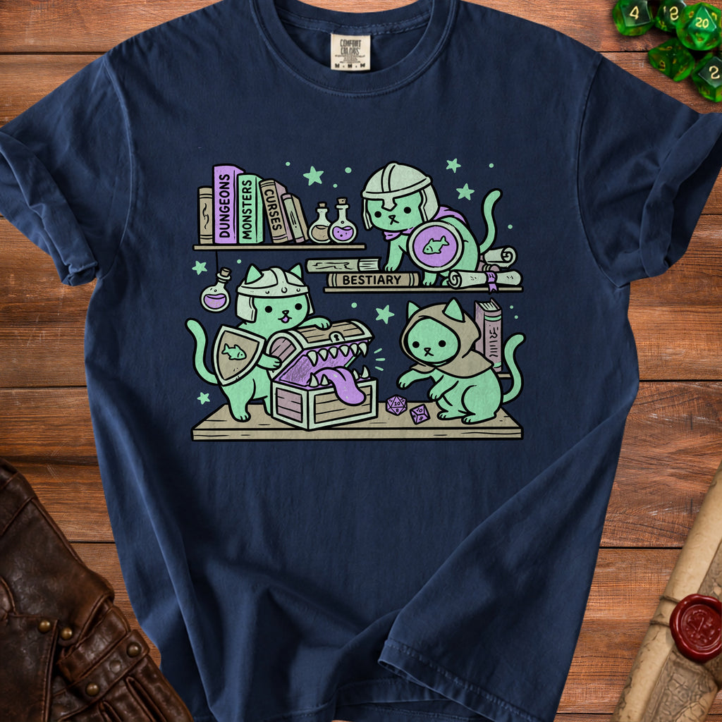 Three cute green cats with armor and medieval items on shelves and a chest.