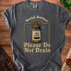 Dark grey t-shirt with "Social Battery -5% REMAINING Please Do Not Drain" graphic.