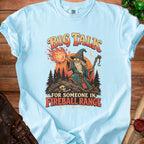 Light blue t-shirt with wizard graphic and text "BIG TALK FOR SOMEONE IN FIREBALL RANGE".