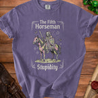 The Fifth Horseman Stupidity graphic with skeleton on horse, butterflies, and dice.