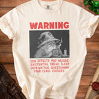 Cream t-shirt with "WARNING" and a wizard holding an "I'M FINE" mug.