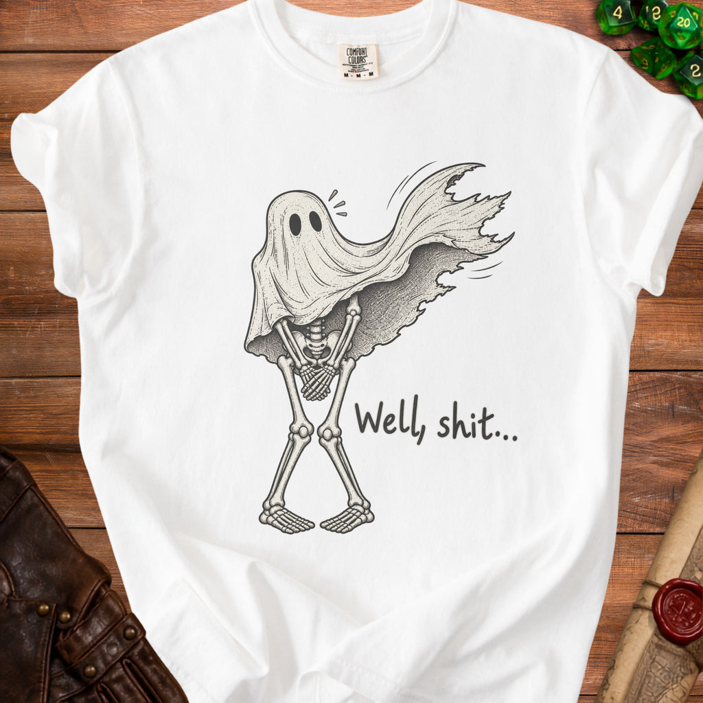 White t-shirt with skeleton ghost graphic and "Well, shit..." text.