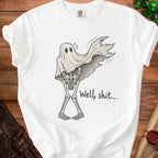White t-shirt with skeleton ghost graphic and "Well, shit..." text.