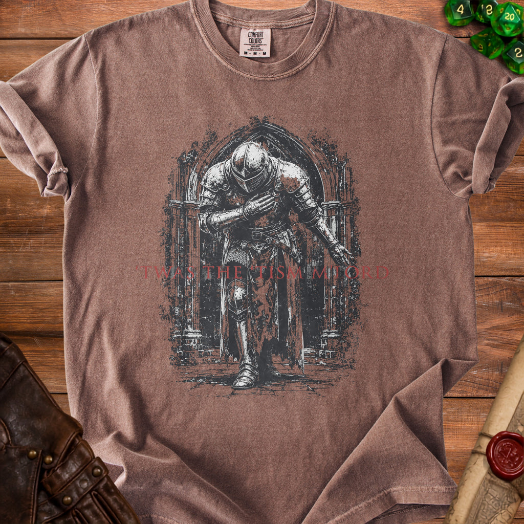 Brown t-shirt with a medieval knight illustration and text.