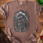 Brown t-shirt with a medieval knight illustration and text.