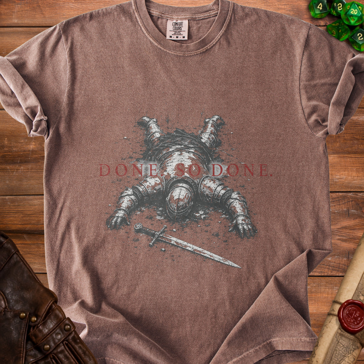 T-shirt with fallen knight graphic and "DONE SO DONE." text.