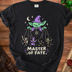 Green goblin puppet master controls four fantasy characters, "Master of Fate" text.