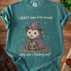 Sad opossum in wizard hat with swords, says "i didn't even f*ck around why am i finding out?"