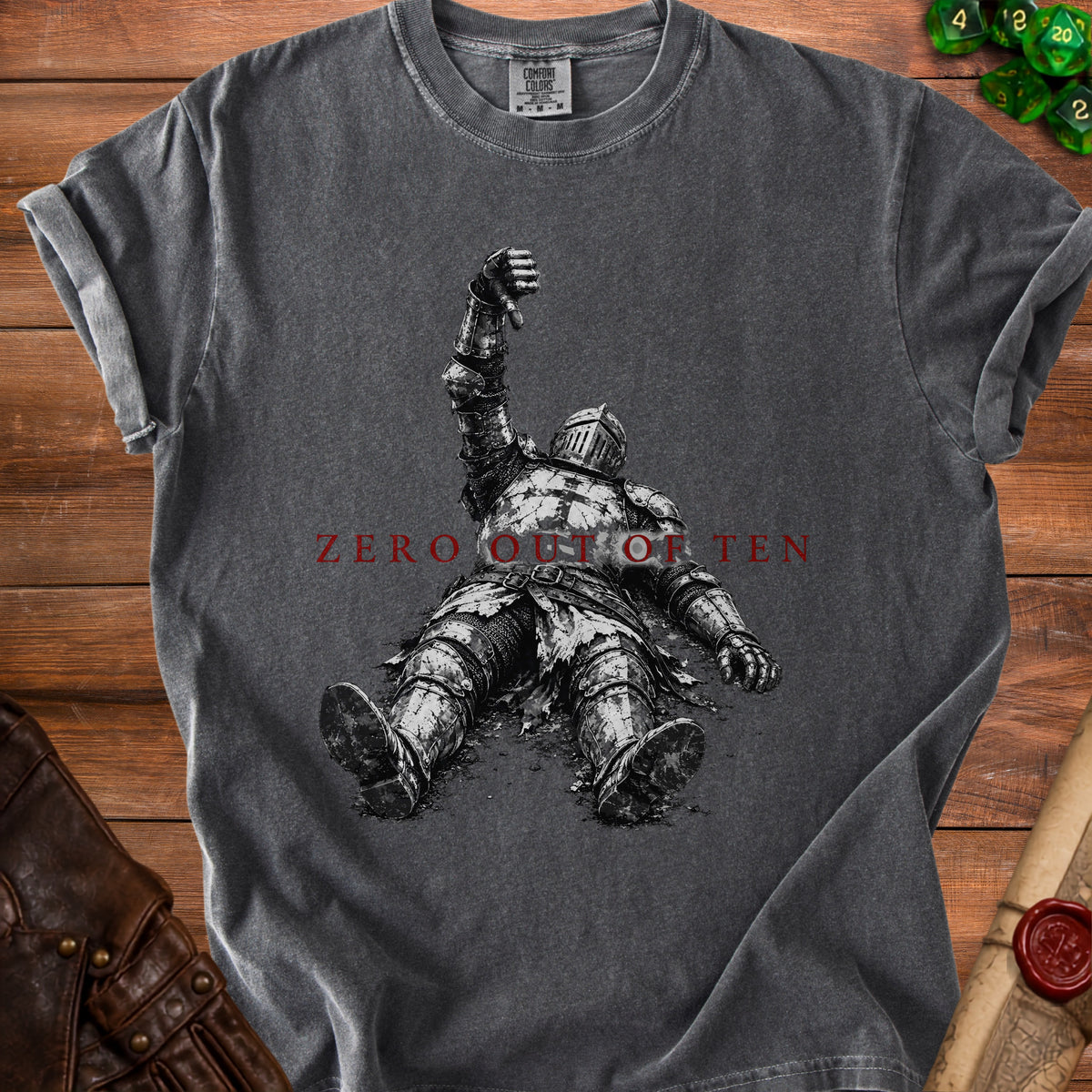 T-shirt with fallen knight graphic and text "ZERO OUT OF TEN".