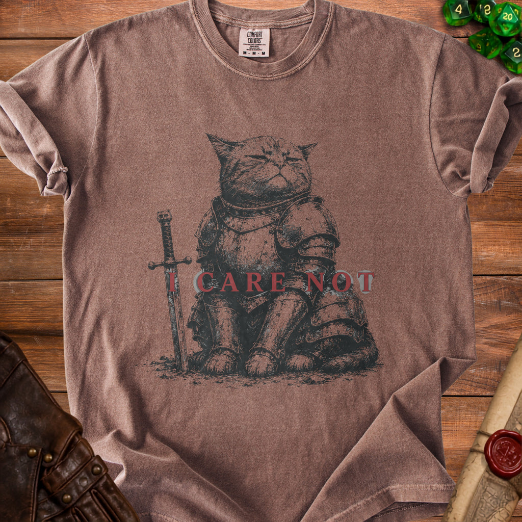 T-shirt with medieval cat knight graphic and "I CARE NOT" text.
