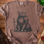 T-shirt with medieval cat knight graphic and "I CARE NOT" text.