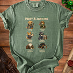Green t-shirt with "Party Alignment" text and six dogs depicting D&D alignments.