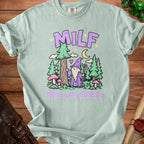 Light green t-shirt with "MILF MAN I LOVE FORESTS" and wizard forest graphic.