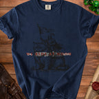 Navy t-shirt with a knight riding a cat graphic and "WE RIDE AT NOON" text.