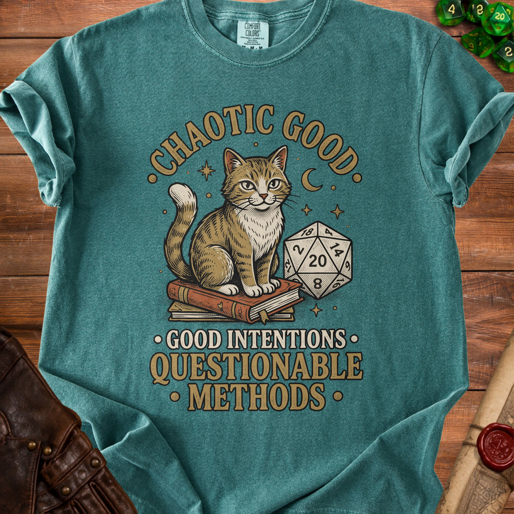 Green t-shirt with cat on books, dice, and text "Chaotic Good. Good Intentions. Questionable Methods."