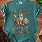 Green t-shirt with cat on books, dice, and text "Chaotic Good. Good Intentions. Questionable Methods."
