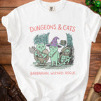 White t-shirt graphic: Dungeons & Cats with barbarian, wizard, and rogue cats.