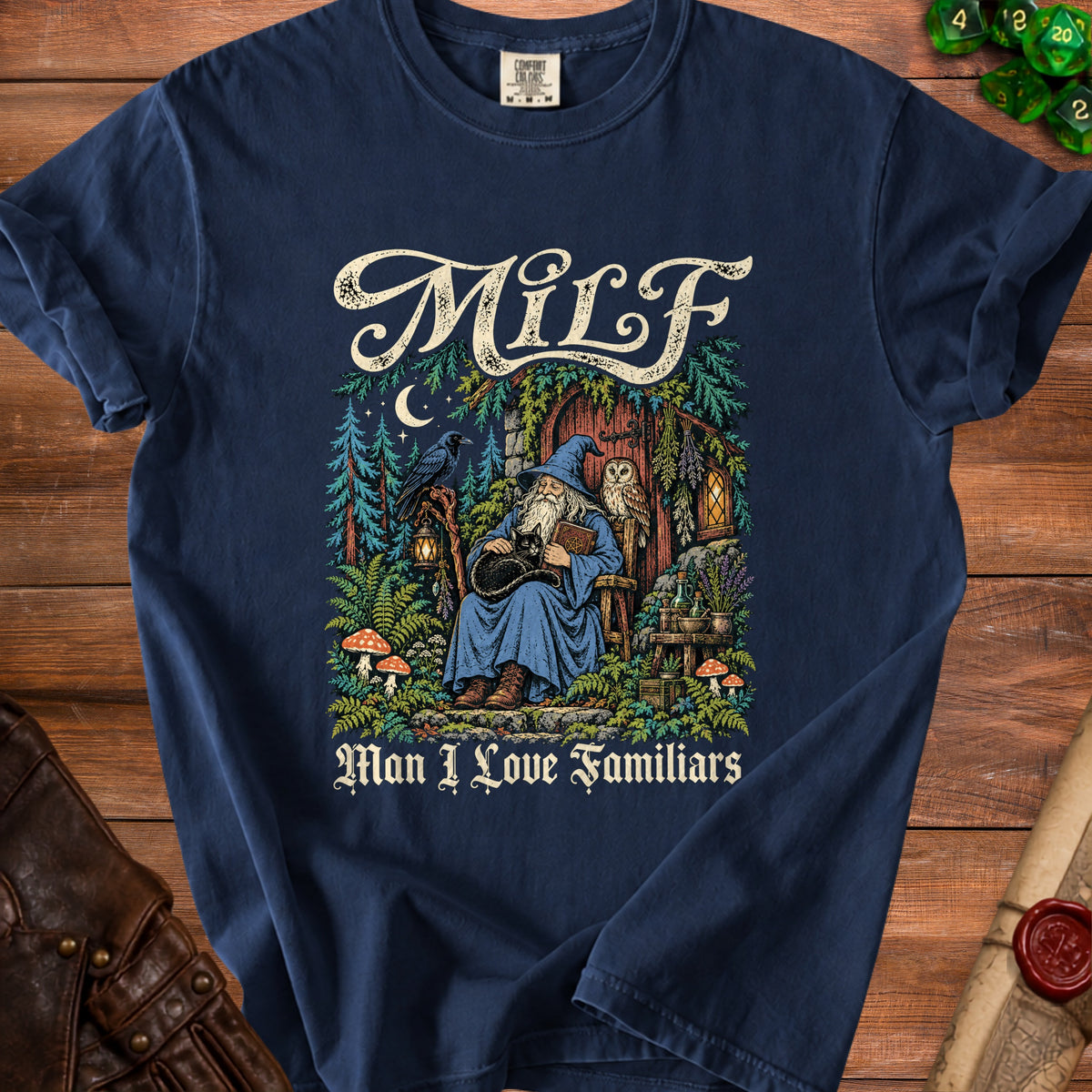 Dark blue t-shirt with wizard, cat, owl, raven, and text "Milf Man I Love Familiars".