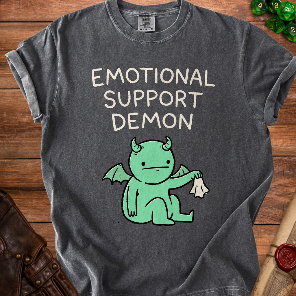 Dark grey t-shirt with "EMOTIONAL SUPPORT DEMON" text and a green cartoon demon.