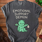 Dark grey t-shirt with "EMOTIONAL SUPPORT DEMON" text and a green cartoon demon.
