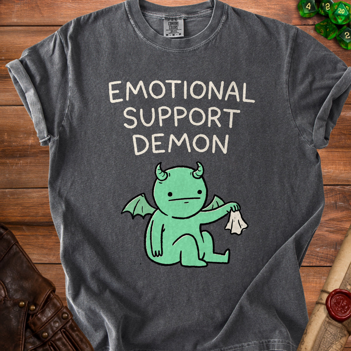 Dark grey t-shirt with "EMOTIONAL SUPPORT DEMON" text and a green cartoon demon.