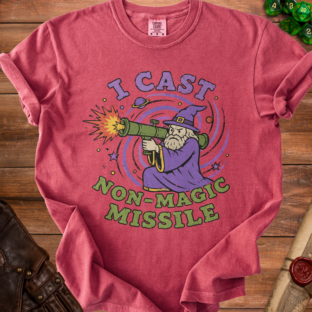 Red t-shirt with wizard character firing a missile and text "I CAST NON-MAGIC MISSILE".