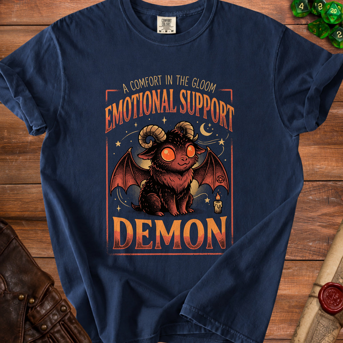 Navy t-shirt with a "Emotional Support Demon" graphic featuring a winged demon.