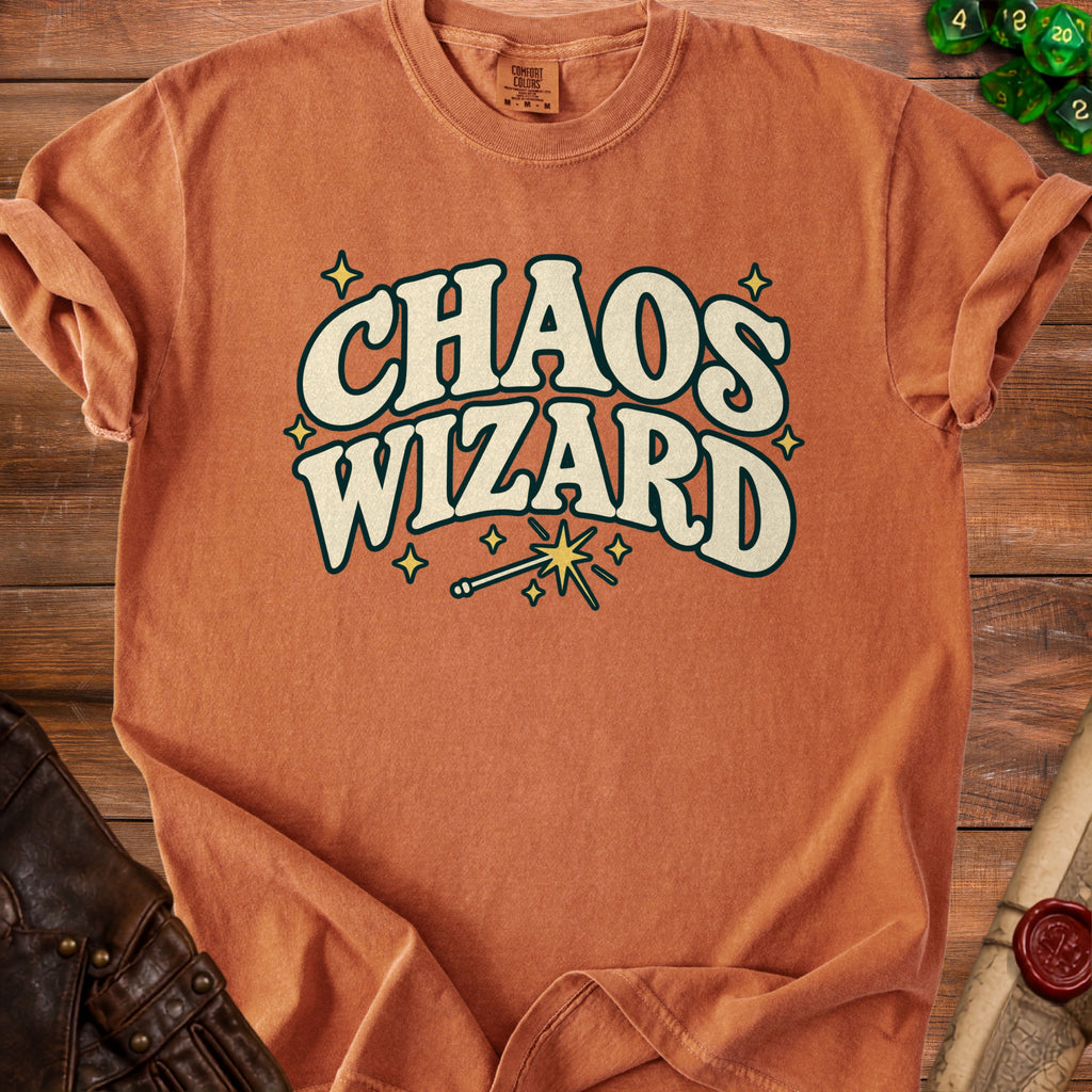 Comfort Colors t-shirt with "Chaos Wizard" text and a magic wand graphic.