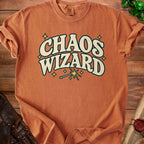 Comfort Colors t-shirt with "Chaos Wizard" text and a magic wand graphic.