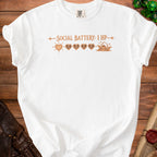 White t-shirt with "Social Battery: 1 HP" and a depleting heart graphic.