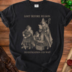 Black t-shirt with "Loot Before Reason Investigation Can Wait" and fantasy characters.