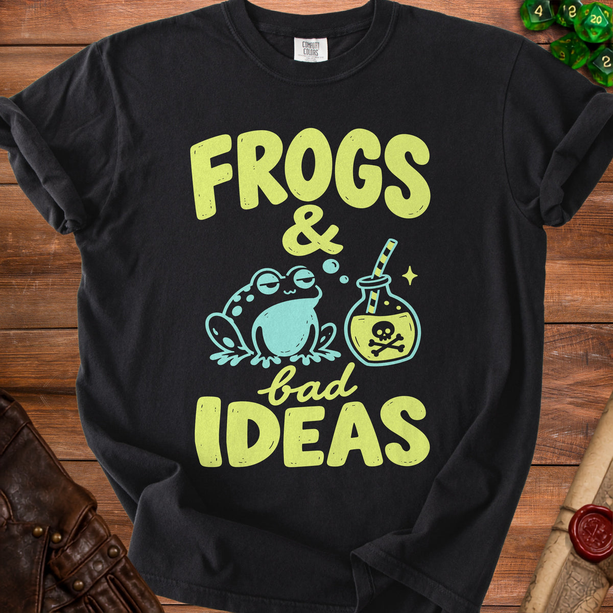 Black t-shirt with "Frogs & bad Ideas" graphic featuring a frog and potion.