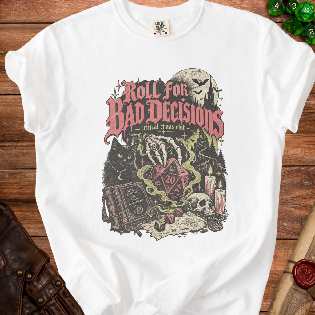 White t-shirt with "Roll For Bad Decisions" graphic featuring a cat, dice, and skull.