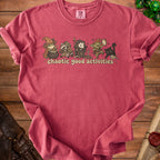 T-shirt with cartoon frog, raccoon, opossum, goblin, and cat with text "chaotic good activities".
