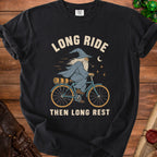 Black t-shirt with wizard riding a bicycle and text "Long Ride Then Long Rest".