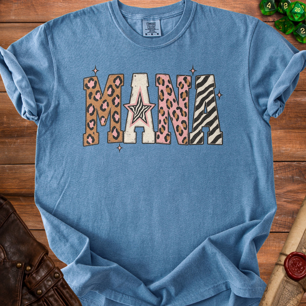 Blue Comfort Colors t-shirt with "MANA" text in leopard and zebra print patterns.