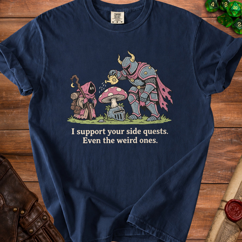Knight watering mushroom with wizard, "I support your side quests. Even the weird ones."