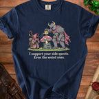 Knight watering mushroom with wizard, "I support your side quests. Even the weird ones."