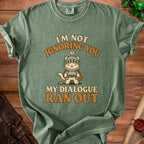 T-shirt with a knight cat graphic and text "I'm not ignoring you, my dialogue ran out."
