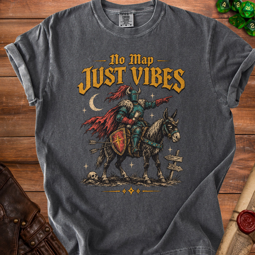 Dark grey t-shirt with knight riding a donkey graphic and text "No Map JUST VIBES."