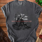 Dark grey t-shirt with knight and sword graphic reading "HELL HATH ARRIVED NOT".